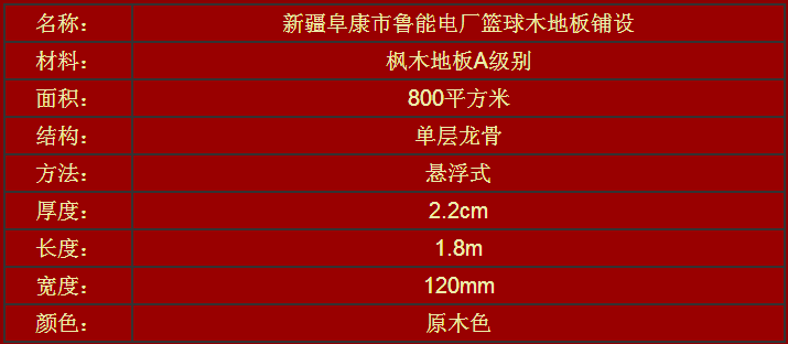 新疆阜康市魯能電廠籃球場木地板鋪設(shè)